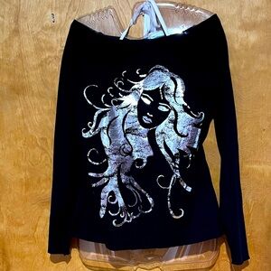 Women’s NWOT Black Graphic 100% Cotton Top Sz.XL
